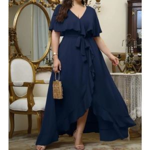 Luxe plus size belted wrap chiffon maxi patty evening formal wedding party dress